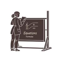 A woman is standing next to a blackboard with equations formulas vector