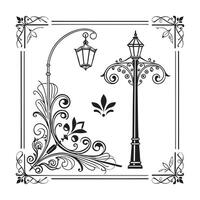 A black and white illustration of a street lamp and a lantern vector
