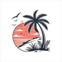 Tropical palm tree and beach at sunset illustration vector