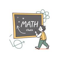 A man is standing next to a blackboard with the words math vector
