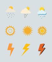 Weather icons set with sun, cloud, lightning and thunder vector