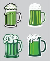 Four different beer mugs with foam and green color vector