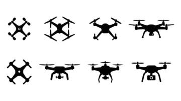 Drone Silhouette Black Quadcopter Icon with Camera set on white background vector