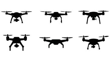 Drone Silhouettes Black Quadcopter Icon with Camera set on white background vector