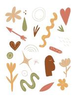 Modern abstract clipart with hand-drawn doodles, organic shapes, and geometric elements in earthy tones. Perfect for branding, posters, stickers, prints, and creative design projects. vector