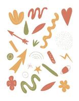 Minimalist abstract clipart with hand-drawn organic shapes, flowers, stars, and a bird in warm boho tones. Ideal for branding, prints, stickers, digital design, and creative projects vector