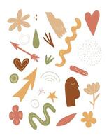 Minimalist abstract clipart organic shapes, flowers, stars, and a bird in warm earthy tones, boho. Ideal for branding, prints, stickers, digital design, and creative projects vector