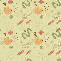 ArSeamless abstract floral pattern with hand-drawn organic shapes, flowers, leaves, and geometric elements in earthy tones on a green background. Ideal for textiles, wallpaper. Boho style. vector