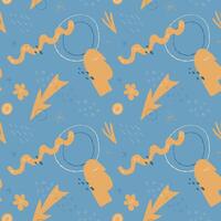 Art Seamless abstract pattern with hand-drawn floral and organic shapes on a blue background. Modern boho style, perfect for textiles, wallpaper, wrapping paper, and branding. vector