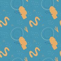 Seamless abstract yellow pattern with hand drawn floral and organic shapes on a blue background. Modern boho style vector