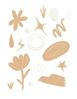 Minimalist abstract clipart with hand-drawn organic shapes, flowers, stars, and a bird in beige tones. Ideal for branding, prints, stickers, digital design, and creative projects. vector