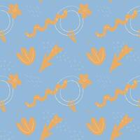 Seamless abstract yellow pattern with hand-drawn shapes and floral silhouettes on a blue background. Modern boho style, seamless pattern vector
