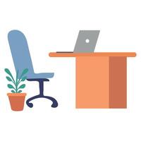 Office Desk computer, laptop, chire, table flower tub, New Startup Business project isolated illustrations. vector