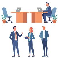 New Startup Business project isolated Business Man, woman, talking and office time working in desk table with laptop cartoon illustrations. vector