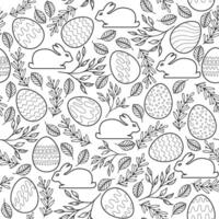 Seamless pattern with Easter eggs, bunnies. Coloring book page vector