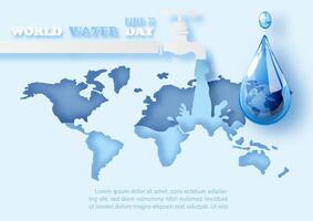 Water droplet in glass style with world water day letters and water tap opening water in world map paper cut out style and blue paper pattern background. vector