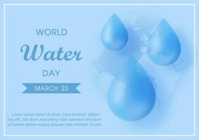 World water day poster's campaign with giant droplets, wording of event and example texts on world map and blue background. vector