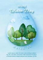 Green forest in a giant transparent water droplet with wording of World water day, example texts on blue background. vector