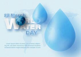 Giant water droplets with world water day letters in paper cut style, example texts on world map pattern and blue background. vector