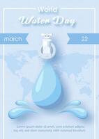 Water tap with water droplet and world water day letters in paper cut style and example texts on world map pattern and blue paper pattern background. vector