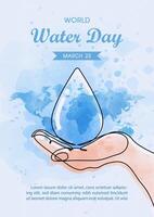 Human hand with giant water droplet in one line and water colors style and example texts on blue paper pattern background. vector