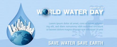 Cityscape on blue globe and water droplet in paper cut style with wording of World water day, example texts on blue background. vector
