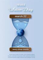 The hourglass of water in paper cut style with world water day's campaign wording, example texts, on blue paper pattern background. vector