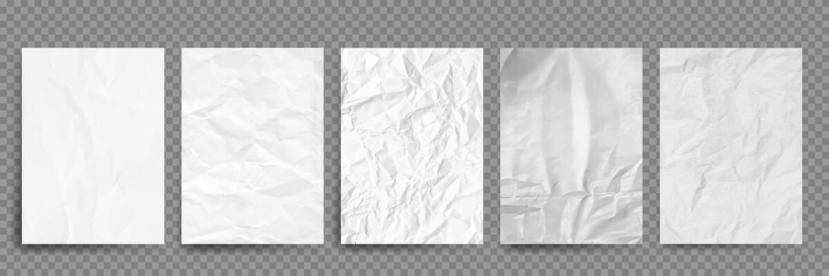 Set of Empty white pages with crumpled effect. Design mockup