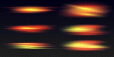 Set of red yellow neon stripes or light flash. Lights and stripes moving fast. Fire Orange luminous abstract sparkling lined. vector