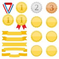 Set of different medals and ribbons on white background, flat design vector