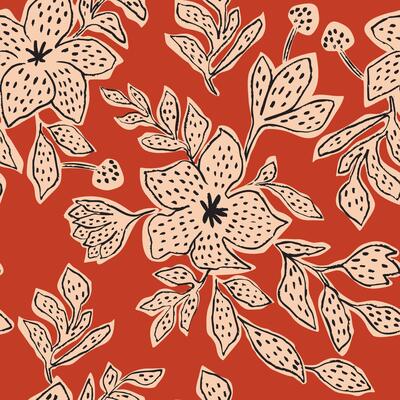 Summer abstract tropical floral seamless pattern ink drawing. Black hand drawn flowers and leaves with dotted texture. Hawaii repeat background, wallpaper, print. Modern illustration.