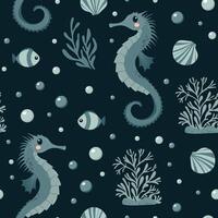 Sea seamless pattern with seahorse, fish, seaweed, seashell flat style. Ocean digital paper. Nautical underwater scrapbooking, background, print. Hand drawn vector