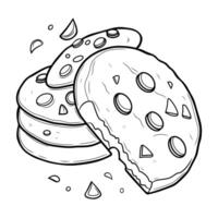 Simple black and white line art of chocolate chip cookies, perfect for coloring books, logos, or minimalist designs. vector