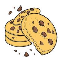 A delicious illustration of chocolate chip cookies, featuring a bitten cookie and scattered crumbs. Perfect for food related designs, packaging, or bakery branding. vector
