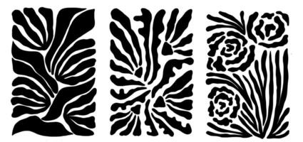 Set of groovy floral botanical black background in trendy naive retro hippie 60s 70s style. Vertical poster with silhouette abstract wavy flower vector