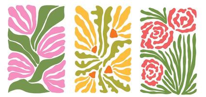 Set of groovy floral botanical background in trendy naive retro hippie 60s 70s style. Vertical poster with abstract wavy flower rose vector