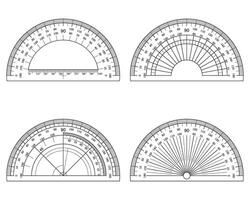 Protractor ruler. Angle measurement tool, circular scale and semicircular protractor with ruler markings. vector