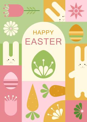Easter card with bunnies, eggs, flowers. Geometric abstract background. Traditional elements of Easter. Illustration.