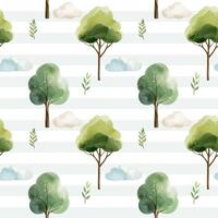 Seamless pattern with watercolor trees and clouds. Watercolor fairy woodland. Hand drawn forest background. vector