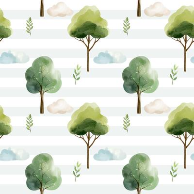 Seamless pattern with watercolor trees and clouds. Watercolor fairy woodland. Hand drawn forest background.