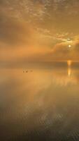 A beautiful sunset reflected in the calm surface of the lake. Vertical video