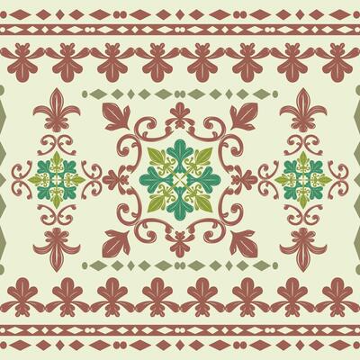 Opulence Delicate Victorian Garden Design Royal Brown Mocha Mousse Tone on Pastel Green Background Luxury Fleur de lis Elaborate Scroll Ornament Border Pattern for Silk Textiles Lace Hand Drawn