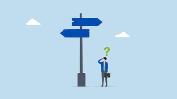Choosing between 2 choices, 4k animation of businessman contemplating with question mark selecting between two paths with blank area. video