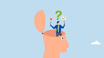 Decision making, 4k animation of entrepreneur in his mind determining whether choice is correct or incorrect. video