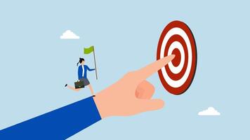 Goal oriented, 4k animation of businesswoman run on hand pointing toward target. video