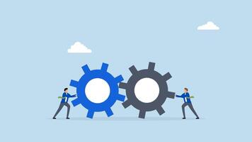 Teamwork and cooperation in a business setting, 4k animation of Entrepreneur drives gear cogs together resulting in achievement. video