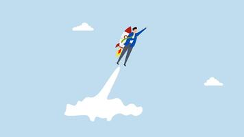 Business takeoff, 4k animation of Entrepreneur with rocket propulsion launching swiftly towards new opportunities. video