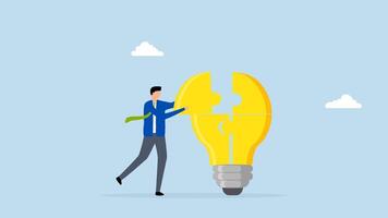 Problem solver, 4k animation of clever entrepreneur completing lightbulb concept puzzle by placing final jigsaw piece. video