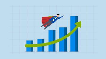 growing business success, 4k animation of entrepreneur hero soar above rapidly increasing growth graph. video