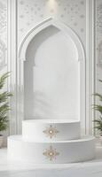 Minimalistic white podium with subtle Islamic motifs empty space for Ramadan branding photo